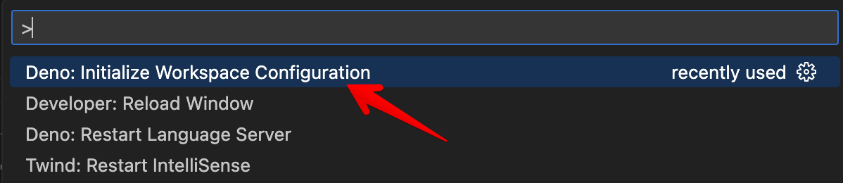 screenshot of the command palette with Deno: Initialize Workspace Configuration